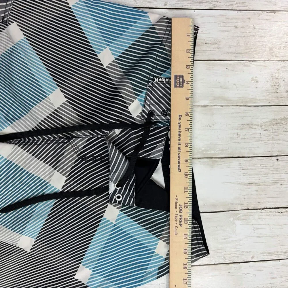 Y2K  Hurley Mens Board Shorts Medium Black Blue Geometric Print Surf Swim Trunks